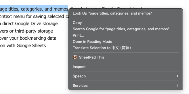 SheetPad right-click context menu for saving web content